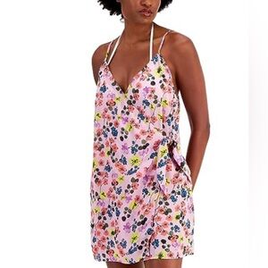 Miken Juniors Pink Floral Print Tie-Front Faux-Wrap swim Cover-Up Dress pink XS